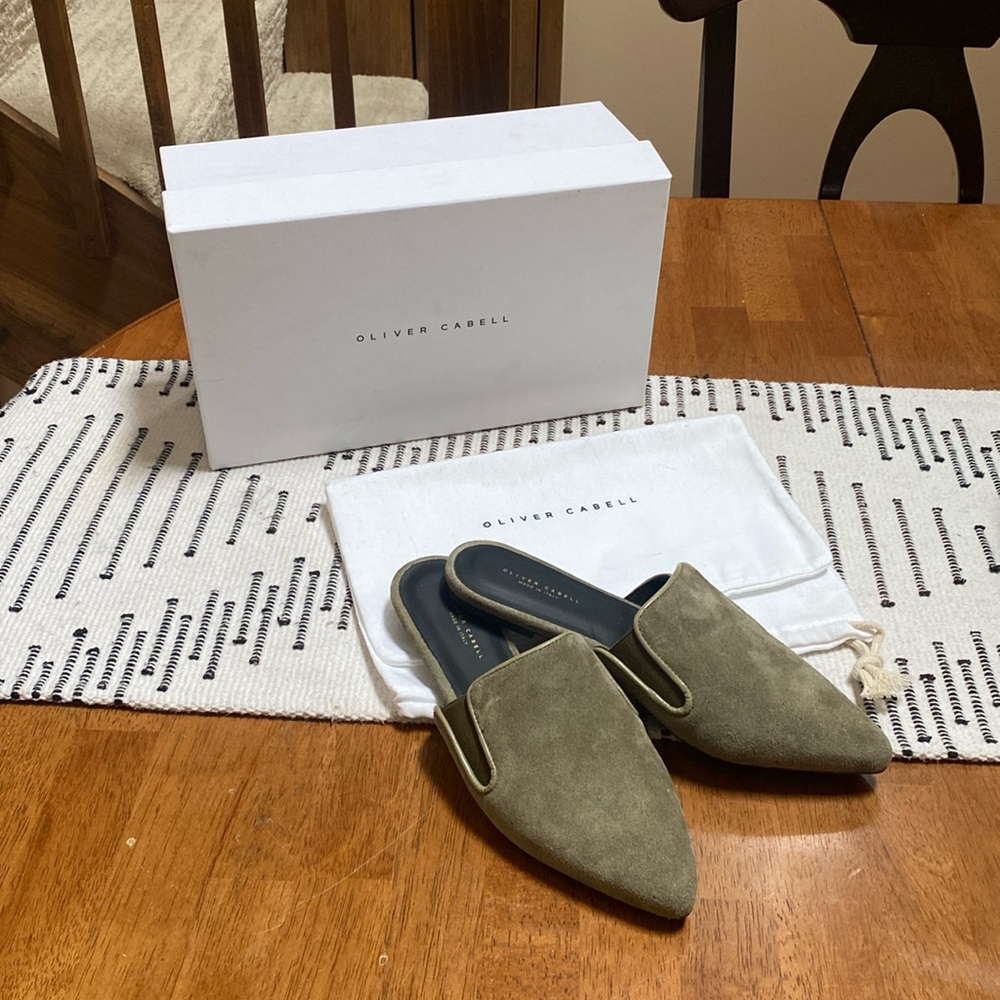 Olive green size 7 Oliver Cabell suede mules new with box and bag, never worn.